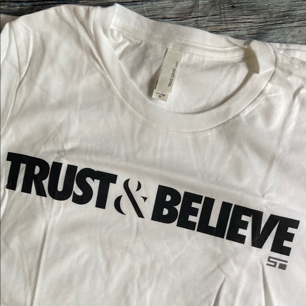 NEW Shaun T “Trust & Believe” White and Black Fitted Short Sleeve T-Shirt - Picture 5 of 5